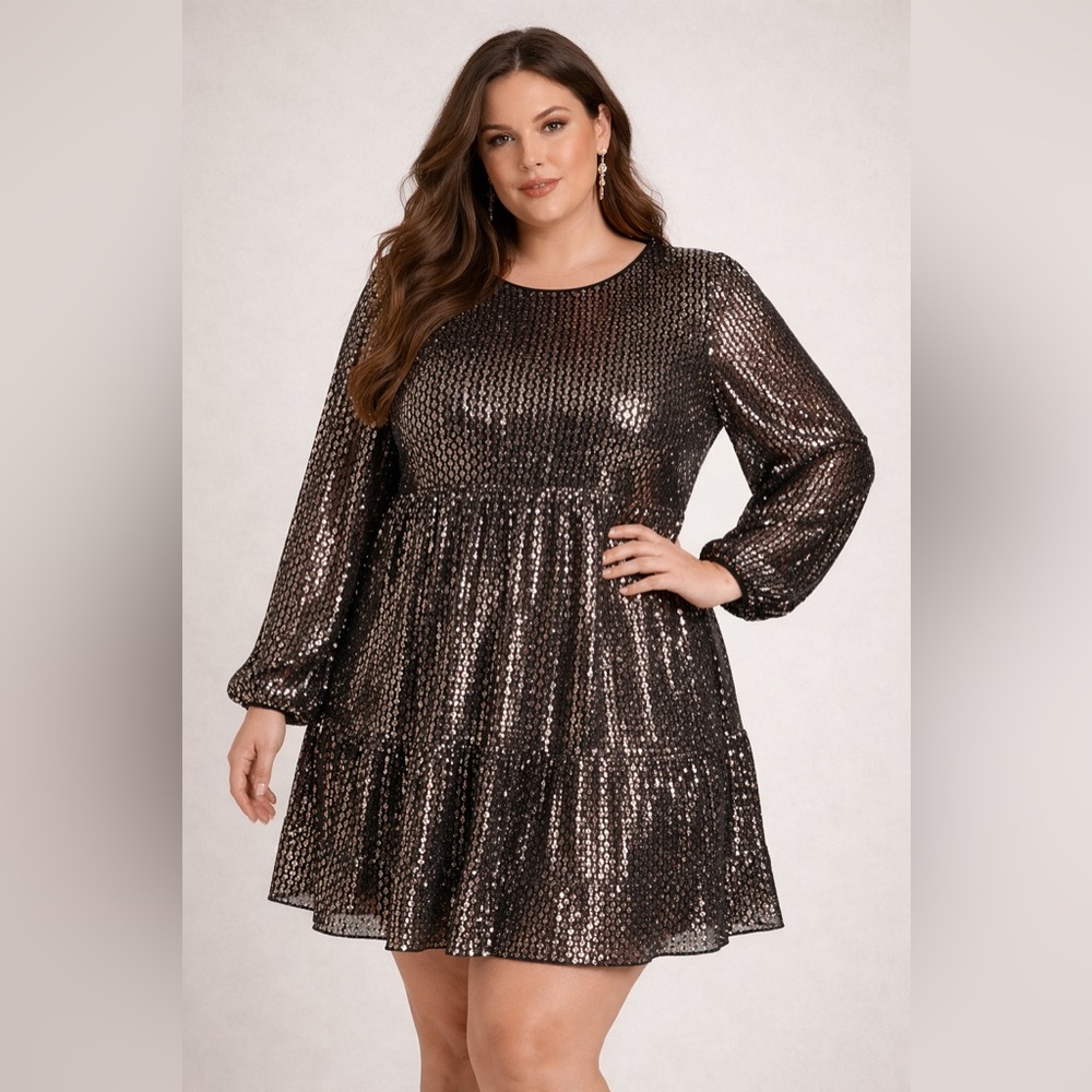 3XL Black Bronze Sequin Babydoll Dress Long Sleeve Plus Size Party